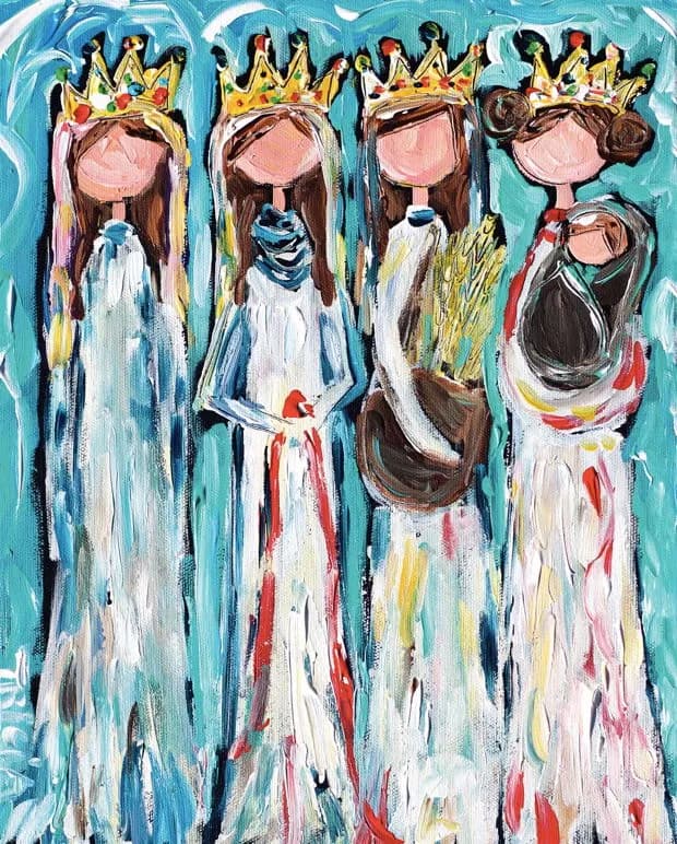 Four abstract crowned women in long dresses with a blue background.