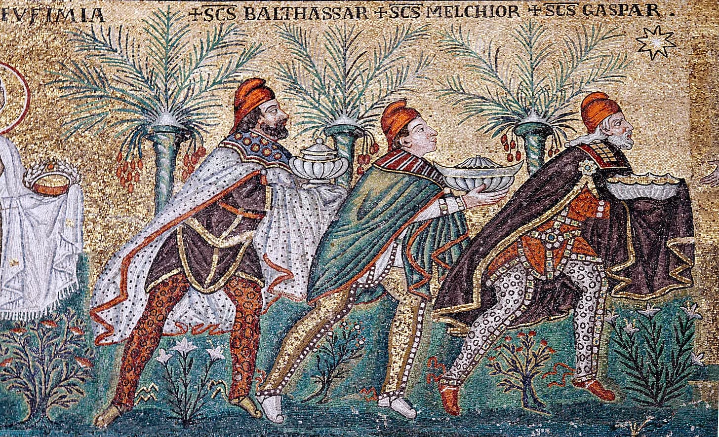 Three figures in ornate robes and red hats walk beneath palm trees in a mosaic artwork.